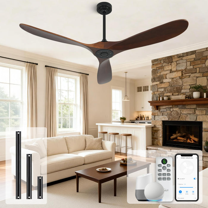 Homlit Outdoor Ceiling Fan Without Light, 60 Inch Smart Ceiling Fan with Remote & Voice Control for Alexa/Google, 3-Blade Wood Fan, Quiet DC Motor, 6 Speeds for Patio, Porch, Farmhouse, Dark Walnut