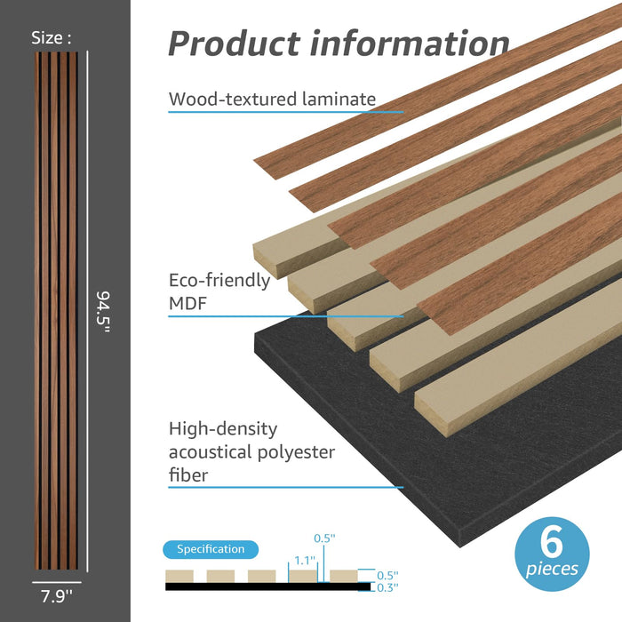 Art3d 6-Pack Soundproof Wood Slat Wall Panels, 94.5 x 7.9 Inch, Walnut