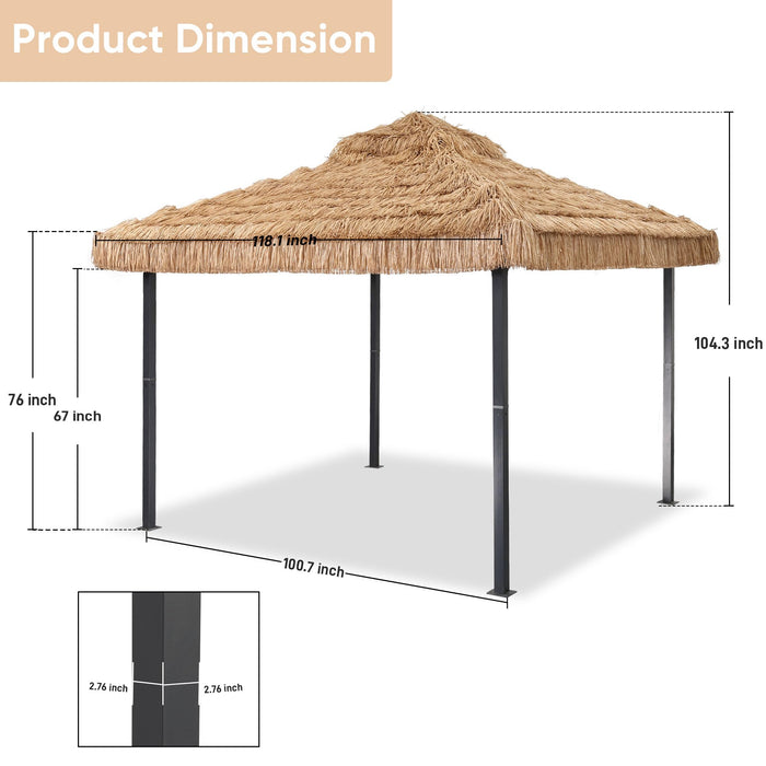 GDY 10x10 Thatched Tiki Bar Gazebo, Patio Gazebo with Straw Thatch Roofing, Hawaiian Style Canopy Tent, Suitable for Courtyards, Exhibitions, Camping, Bar, Khaki.