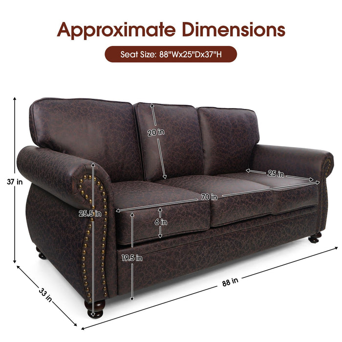 Couchus Mid-Century Vintage Sofa Couches with Rivet Design,loveseat Sofa,Removable Sofa Cover Upholstered Cushions and Solid Wood Frame (Brown, 3-Seater)