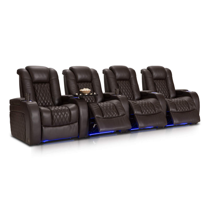 Seatcraft Diamante - Home Theater Seating - Living Room - Power Recline - Italian Leather - Powered Headrests - Cupholders - USB Charging - Ambient Lighting - Arm Storage, Row of 4, Brown