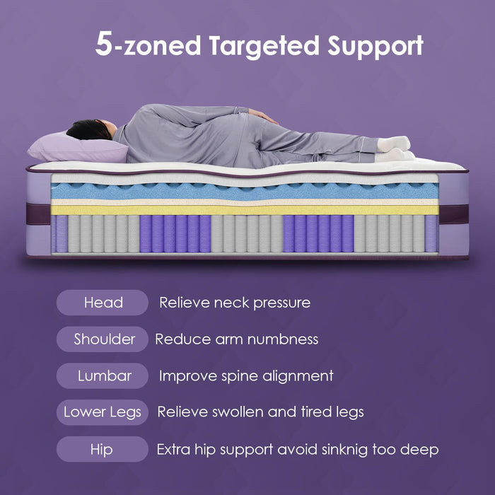 Queen Mattress, 12 Inch Hybrid Mattress in a Box, 5-zone Support for Back Pain Relief, Edge Retention, Medium Firm Blends Cooling-Memory Foam & Deluxe 2.0mm Pocket Spring, 365 Night Trial, CertiPUR-US