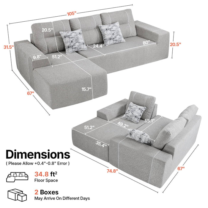 MCombo 105" Boneless Couches for Living Room, Cloud Couch Modular Sectional Sofa Bed Convertible, Sleeper Sofa With Latex-like Cushion & Throw Pillow, No assembly required, Chenille Fabric 8512 (Gray)