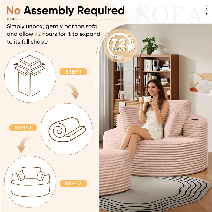 Oversized Round Chaise Longue Chair with Ottoman, Modern Corduroy Deep Seat Circle Single Cloud Boneless Floor Accent Chair w/Cup Holders for Living Room, Bedroom Apartment, 55" W * 74.6" D, Pink