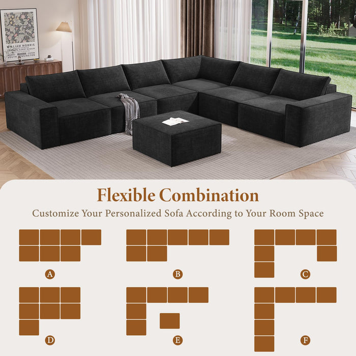 Vesgantti 143.7" Oversized Boneless Sectional Couch, Modern 6 Seater Modular Sofa with Ottoman & Deep Seat, Convertible Chenille Cloud Couches for Living Room, No Assembly Required, Black