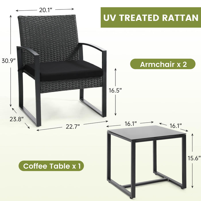 Murago Outdoor 3-Piece Wicker Bistro Set, Rattan Patio Conversation Set with Coffee Table, for Backyard Garden Poolside, Black Frame & Black Cushion