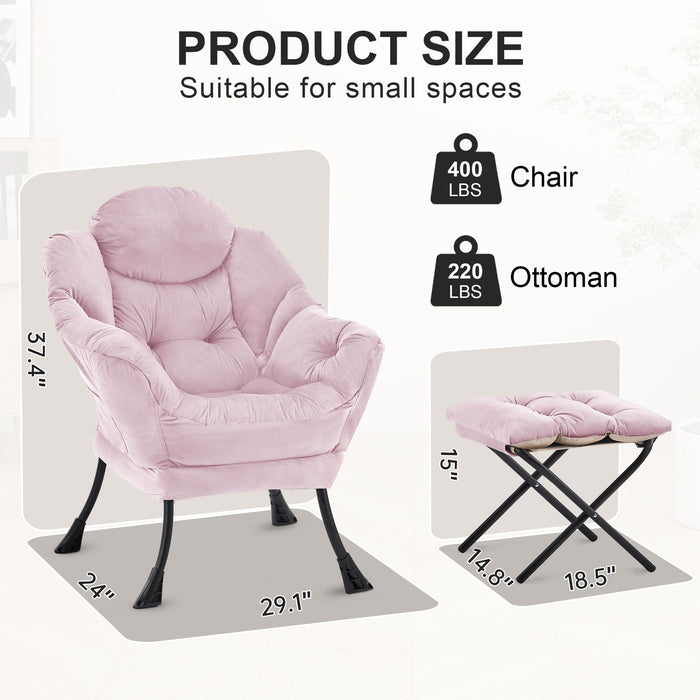 Zedachica Lazy Chair with Ottoman, Lounge Reading Chair for Adults, Modern Upholstered Accent Armchair with Foot Stool, Leisure Living Room Chair with Side Pocket for Dorm, Bedroom, Pink