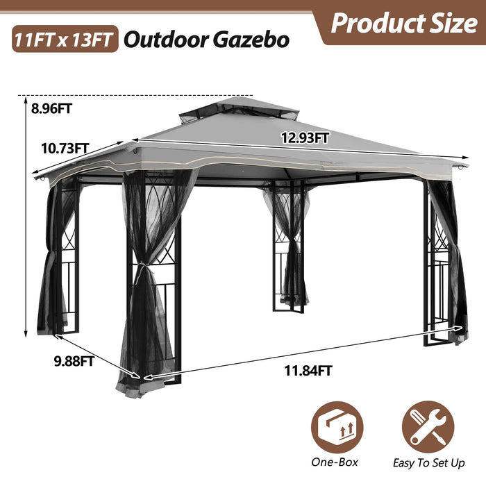 GARTOO 11'x13' Outdoor Patio Gazebo - Porch Gazebo with Polyester Roof & Breathable Netting, Best for Garden, Lawn, Backyard Deck (Grey)