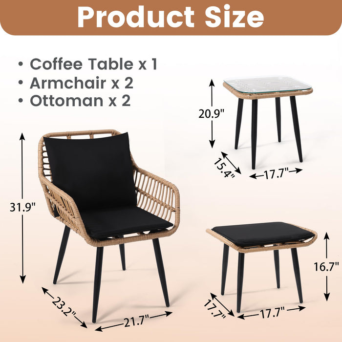 KROFEM 5 Piece Wicker Bistro Patio Conversation Furniture Set, Includes 2 Chairs, 2 Ottomans, and Side Table, Ideal for Porch, Balcony, Deck, Backyard, Natural