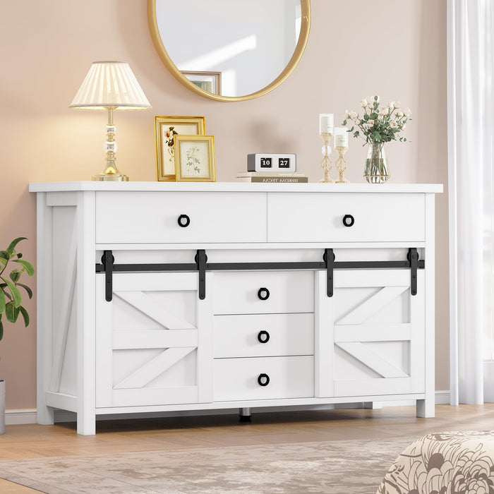 YITAHOME 54" Farmhouse Dresser for Bedroom, Large Modern Chest of Drawers, Wood Rustic Dresser TV Stand with 5 Drawers & 2 Sliding Barn Doors for Living Dining Room, Entryway, Hallway, White