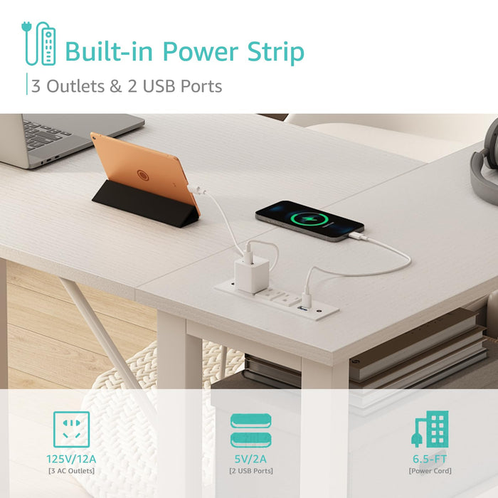 Lufeiya White L Shaped Computer Desk with Drawers & Storage Shelves, 47 Inch Corner Reversible Desk with Power Outlet for Home Office Bedroom, L-Shaped Teen PC Desks with Fabric Drawer, White