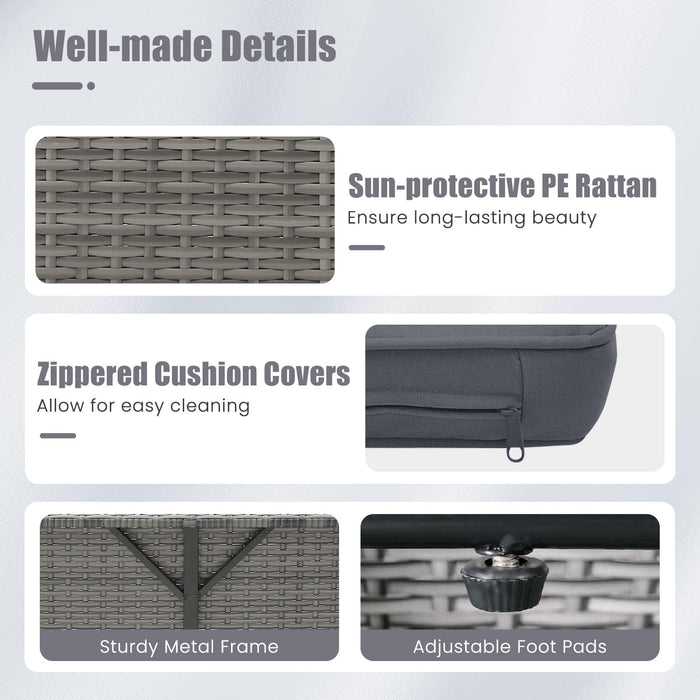 Tangkula Patio Rattan Daybed with 4-Level Adjustable Backrest, Outdoor PE Wicker Loveseat with Storage Ottoman & Folding Side Table, Double Sunbed for Balcony, Backyard & Poolside, Grey
