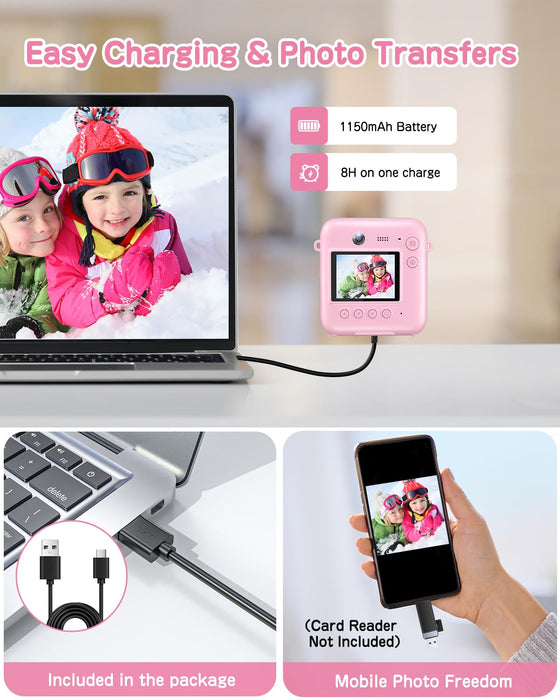 Kids Camera Instant Print, 48MP Selfie Digital Camera for Kids Christmas Birthday Gifts, 1080P Instant Print Cameras with Print Paper, 32GB Card, Toddle Toy for 4 5 6 7 8 9 Year Old Boys Girls-Pink