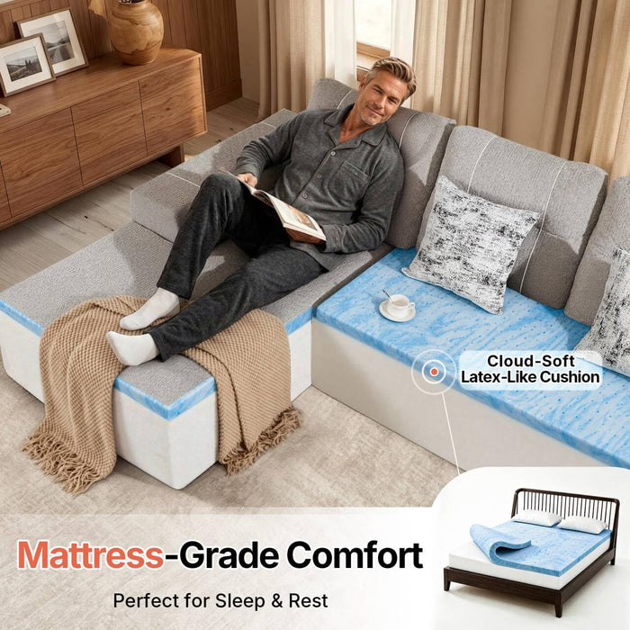 MCombo 105" Boneless Couches for Living Room, Cloud Couch Modular Sectional Sofa Bed Convertible, Sleeper Sofa With Latex-like Cushion & Throw Pillow, No assembly required, Chenille Fabric 8512 (Gray)