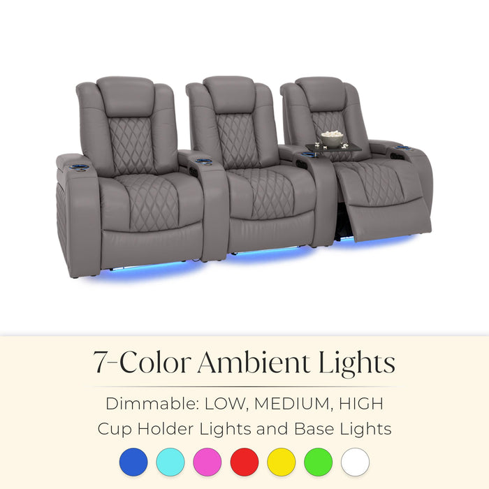 Seatcraft Diamante Zero-Gravity CoolZero Italian Leather Home Theater Seating, Power Headrest, Power Recline, Row of 3 Sofa, Gray