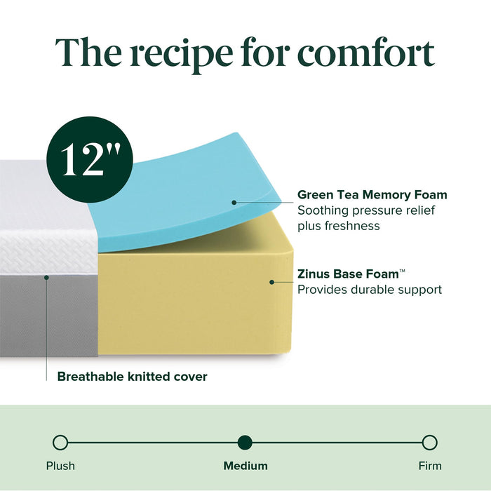 ZINUS 12 Inch Green Tea Essential Memory Foam Mattress [New Version], Queen, Fiberglass Free, Medium Feel, Breathable Airflow Memory Foam, Certified Safe Foams & Fabric, Mattress in A Box