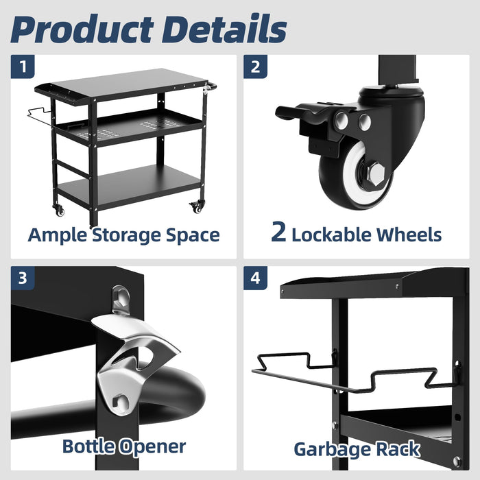 Xilingol Outdoor Grill Cart, Pizza Oven Stand Table with Wheels for Outside Patio, Heavy Duty Movable Outdoor Cooking Prep Table BBQ Cart for Backyard, Camping and Parties