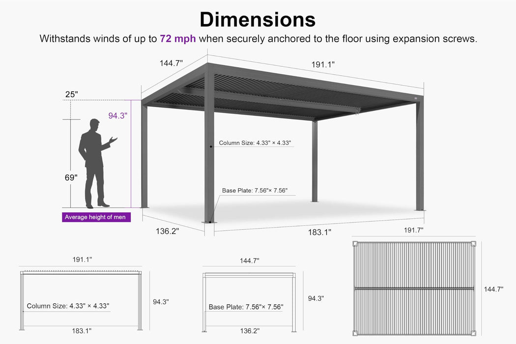 PURPLE LEAF Louvered Pergola 12' x 16' Outdoor Full Aluminum Pergola with Adjustable Rainproof Roof Modern Retractable Patio Hardtop Gazebo for Deck Backyard Garden Slate Grey