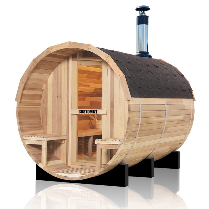 Benovo Customize Outdoor Barrel Sauna with Porch,Wood Burning Stove or Electric Stove,4-8 Person DIY Wooden Sauna Kit