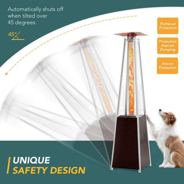 Pamapic 89" 48,000 BTU Pyramid Patio Heater Outdoor, Propane Flame Tower with Quartz Glass Tube, Outdoor Heaters with Wheels & Cover for Deck, Porch, Backyard, Garden, Hammered Bronze