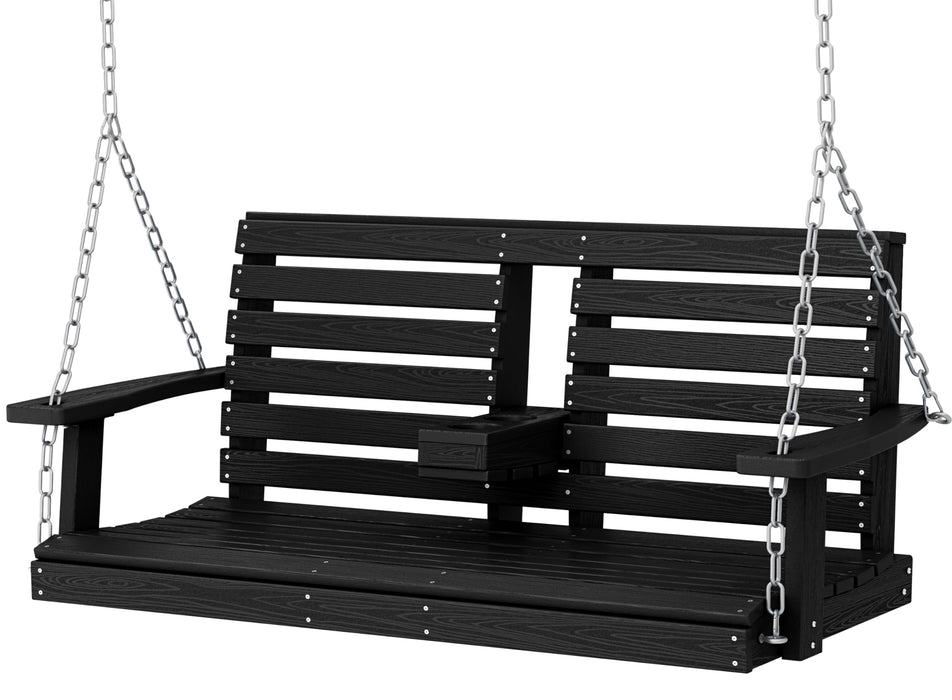 KINGYES Outdoor Hanging Porch Swing, 2 Seat Patio Swing Recliner with Cup Holders, Waterproof Swing Recliner Bench for Courtyard & Garden, 660LBS Weight Capacity, Black