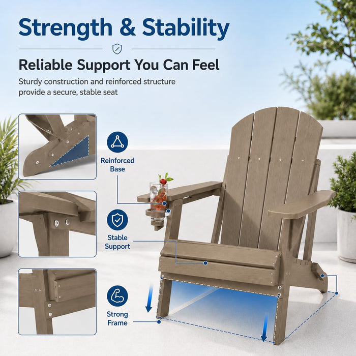 Patio Kingdom Folding Adirondack Chairs Set of 6 with Cup Holders, Heavy Duty HDPE Plastic Outdoor Chairs, Weather Resistant Heavyweight Patio Furniture Set for Deck, Fire Pit, Backyard, Brown