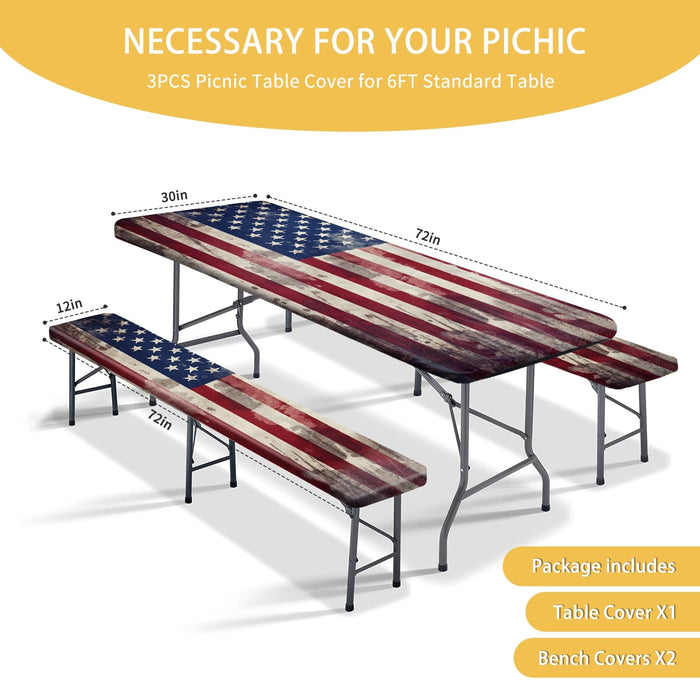 YEYE JUICE Picnic Table Cover with Bench Covers 6FT 3PCS, Camping Essentials, Fitted Camping Tablecloth Waterproof and oilproof with elastic Edge for Indoor Outdoor Patio, Retro American Flag (72inch)