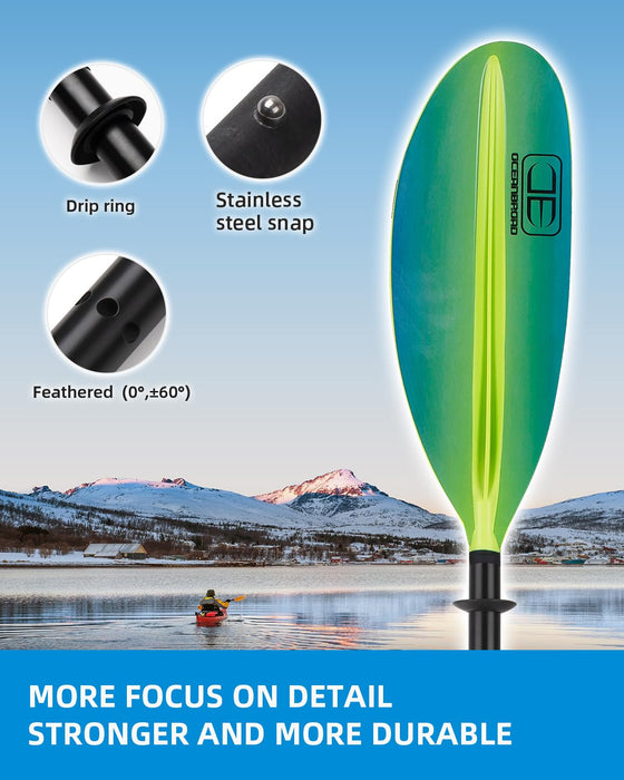 OCEANBROAD Kayak Paddle 90.5in/230cm Alloy Shaft Kayaking Boating Canoeing Oar with Paddle Leash 1 Paddle, Green Aurora