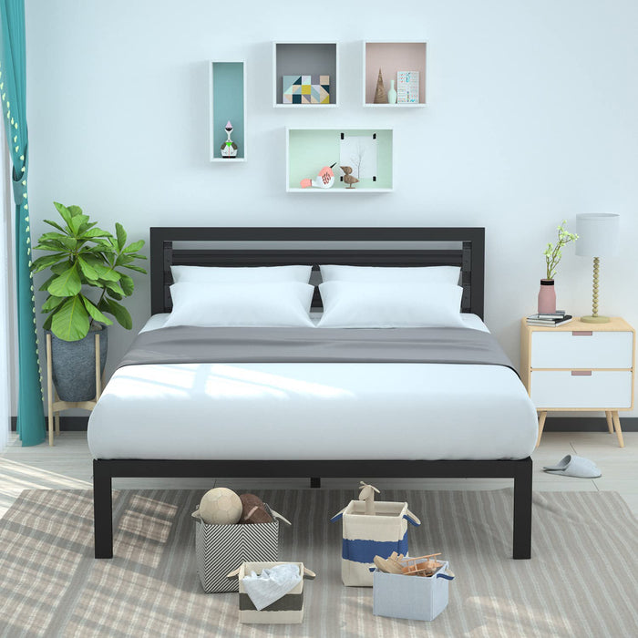 Amazon Basics Industrial Metal Bed Frame with Modern Headboard and Wood Slat Support, 14 Inches High, No Box Spring Needed, Noise-Free, Easy Assembly, Under Bed Storage, Queen Size, Black