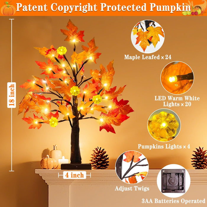TURNMEON Thanksgiving Decor 2 Pack 18 Inch Prelit Fall Maple Tree 48 LEDs