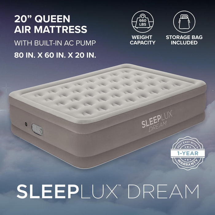 SLEEPLUX Dream Luxury 20" Queen Air Mattress with Built-in AlwayzAire Dual Pump, True-to-Size Raised Inflatable Mattress, Blow Up Bed with Ultra-Soft Flocked Top and Sides, 1-Year Warranty