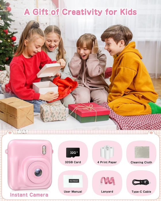 Kids Camera Instant Print, 48MP Selfie Digital Camera for Kids Christmas Birthday Gifts, 1080P Instant Print Cameras with Print Paper, 32GB Card, Toddle Toy for 4 5 6 7 8 9 Year Old Boys Girls-Pink