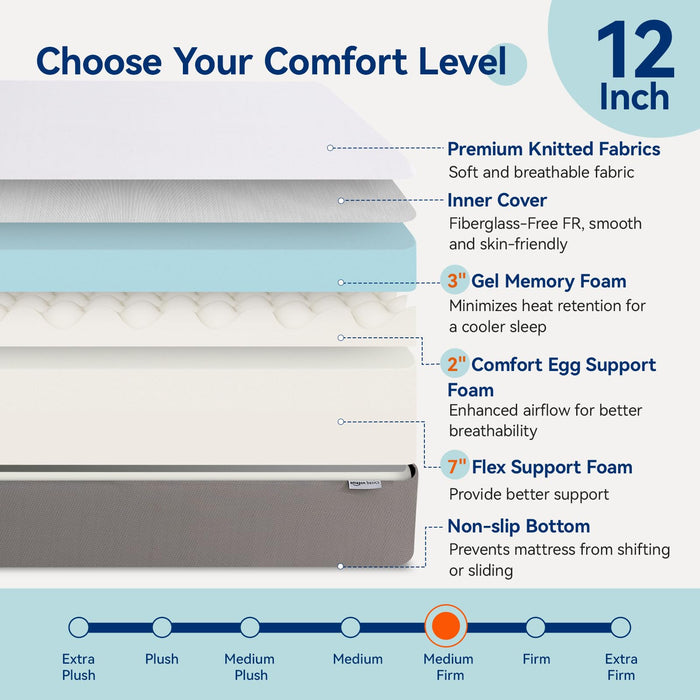 Amazon Basics Memory Foam Mattress, Medium Firm, 12 Inch, Full, White/Grey
