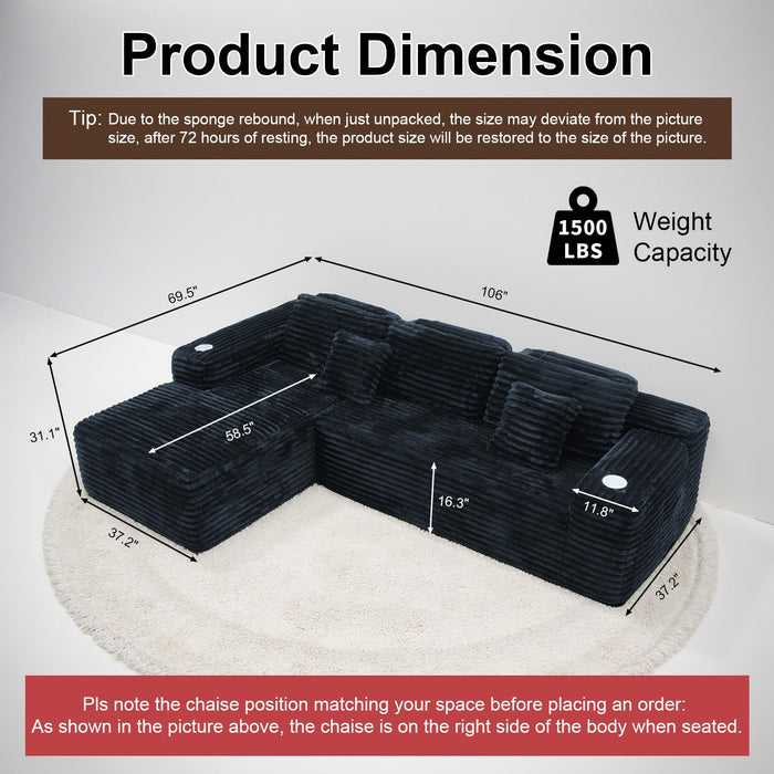 Cloud Sectional Couch with L-Shape Chaise, Modern Modular Sofa with Deep Seat, Built-in Cup Holder & Storage Pocket for Living Room Bedroom, No Assembly Required (Black, Right Sitting Chaise)