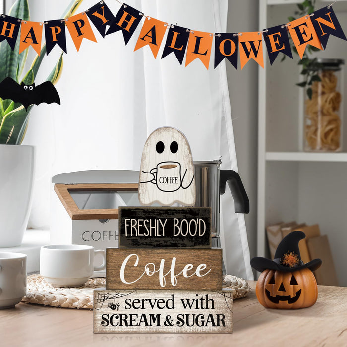 Lineshading 4 Pcs Halloween Coffee Table Decor Wooden Ghost Coffee Bar Sign