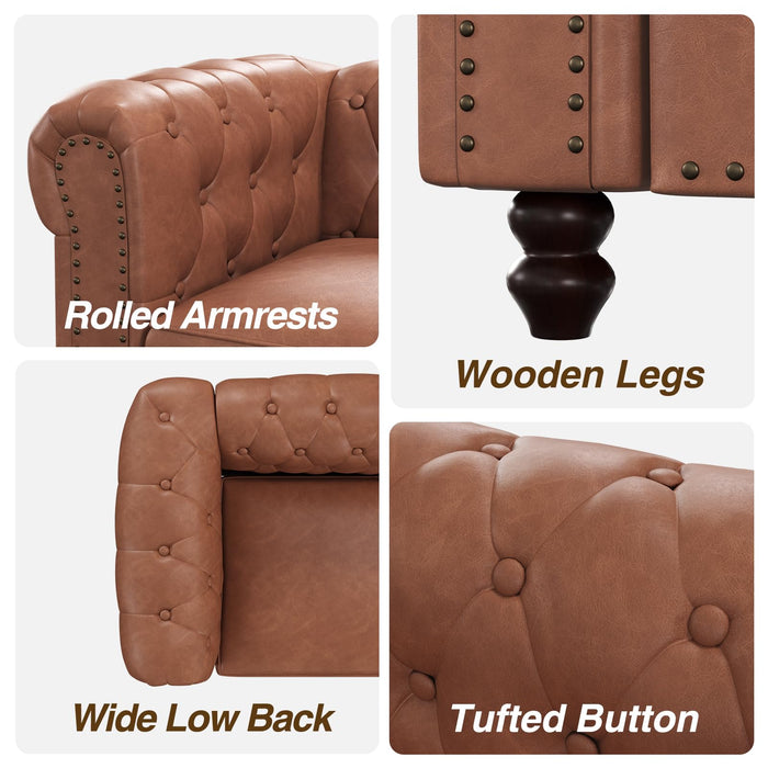 FiveWillowise 72 Inch Brown Couch, Chesterfield Faux Leather Sofa with Wooden Legs, Vintage Tufted Sofa with Rolled Arms, Mid Century Modern Couch with Rivets for Living Room, Apartment, Office
