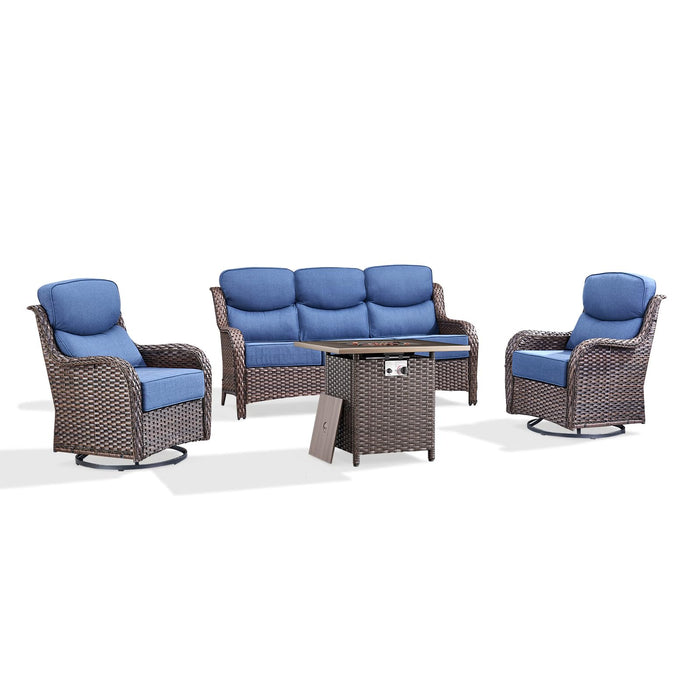 Luxury Patio Furniture Set with 6-inch Thick Cushion, Outdoor Furniture with Fire Pit Table, Swivel Chairs, Sofa, 4pcs Wicker Conversation Set for Deck Yard and Poolside(Brown Wicker | Blue Cushion)
