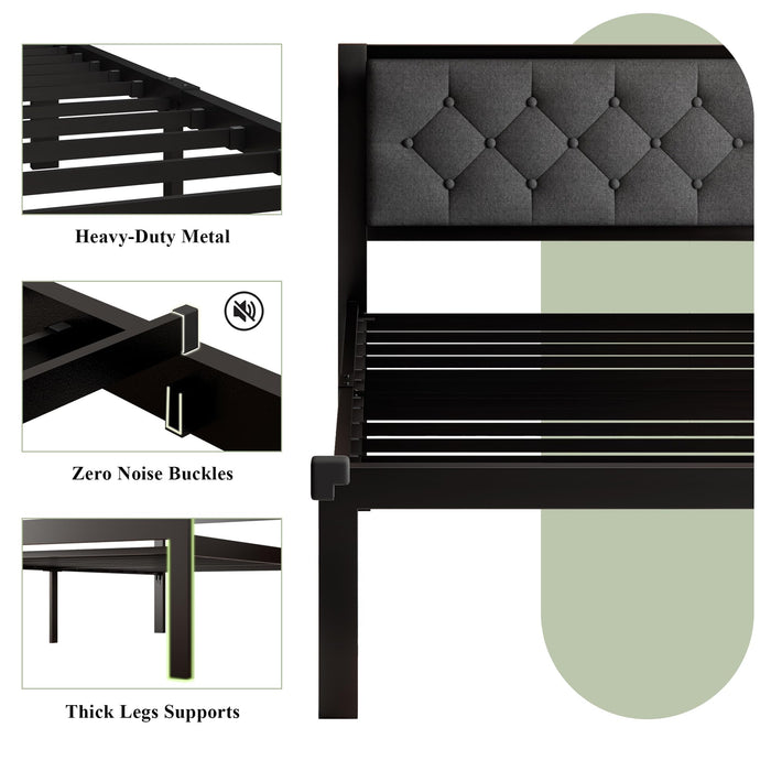 Feonase Twin Size Metal Bed Frame with Linen Upholstered Headboard, Heavy-Duty Platform Bed Frame with 12" Storage, Steel Slats Support, No Box Spring Needed, Gray