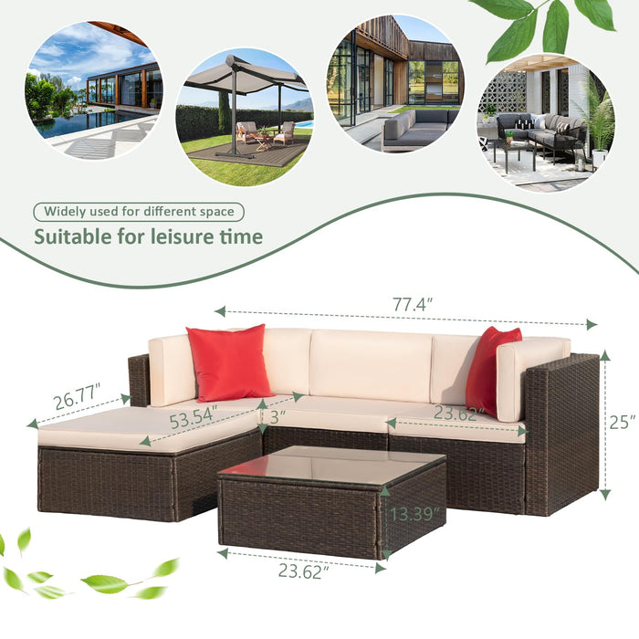 Devoko 5 Pieces Patio Furniture Sets All Weather Outdoor Sectional Patio Sofa Manual Weaving Wicker Rattan Patio Seating Sofas with Cushion and Glass Table (Beige)