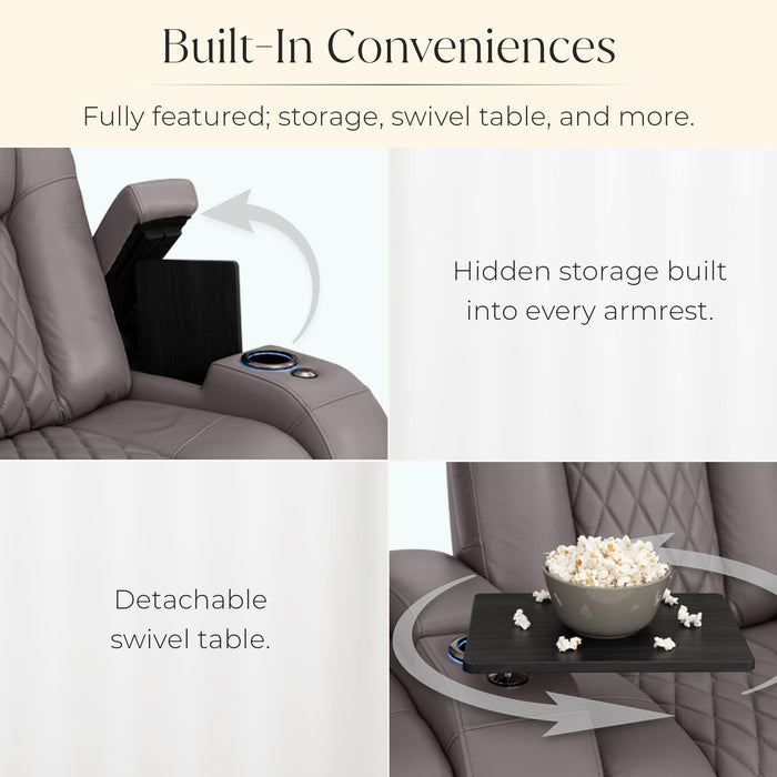 Seatcraft Diamante Zero-Gravity CoolZero Italian Leather Home Theater Seating, Power Headrest, Power Recline, Row of 3 Sofa, Gray