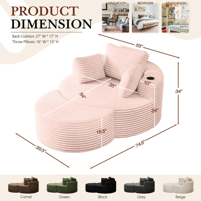 Oversized Round Chaise Longue Chair with Ottoman, Modern Corduroy Deep Seat Circle Single Cloud Boneless Floor Accent Chair w/Cup Holders for Living Room, Bedroom Apartment, 55" W * 74.6" D, Pink