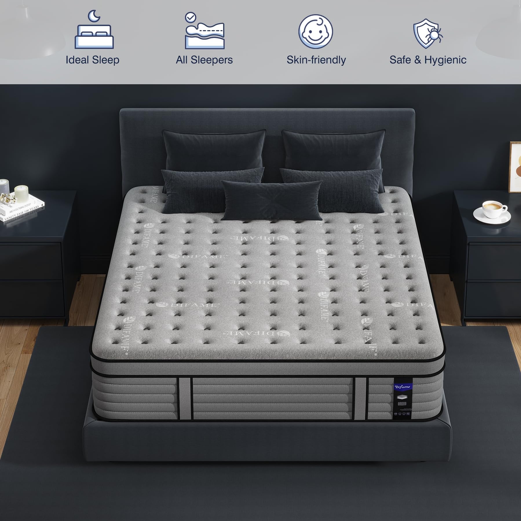 DIFAME Queen Size Mattress, 16 Inch Hybrid Mattress in a Box with Memo