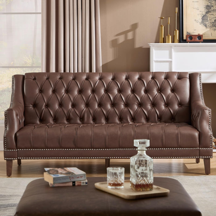 chairus Mid Century Modern 74.5" Faux Leather Sofa, 3 Seater Tufted Upholstered Couch with High Back & Nailhead Trim, Chesterfield Sofa for Living Room Bedroom Apartment Office, Brown PU