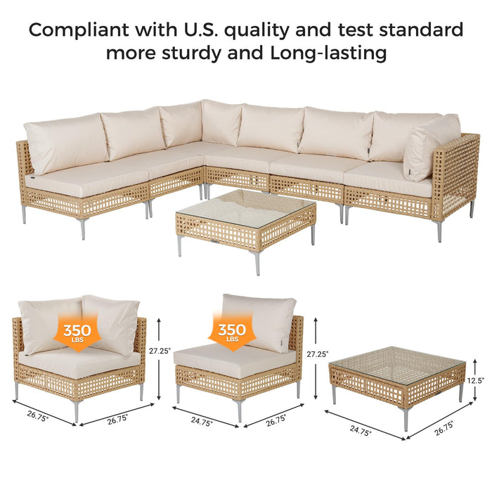 Grand patio 7-Piece Wicker Patio Furniture Set, Boho Outdoor Conversation Set Sectional Sofa with Water Resistant Thick Cushions and Coffee Table, Cream