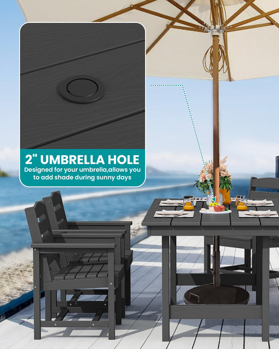 SERWALL 7 Pcs Outdoor Dining Set, 1 Umbrella Hole Table & 6 Chairs, Black