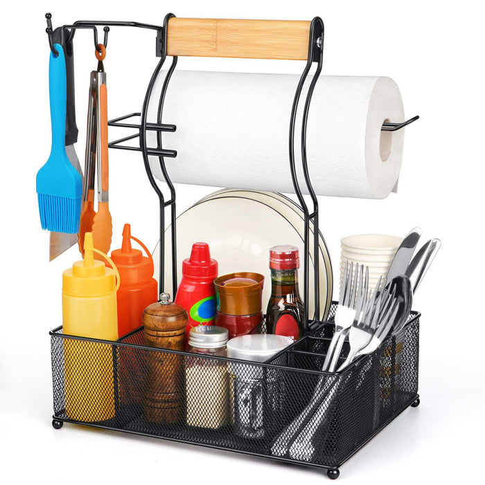 FANGSUN Grill Caddy, BBQ Caddy with Paper Towel Holder, Picnic Condiment Utensil Caddy for Outdoor Camping, Barbecue Accessories Storage Organizer for Griddle Grilling Tools, RV Patio Camper Must-Have