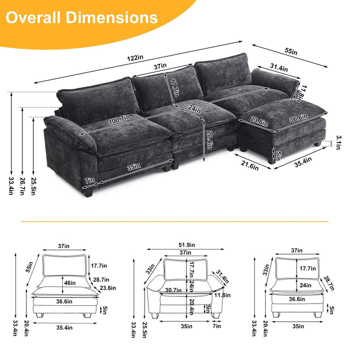 Karl home Sectional Sofa Modular Deep Seat Sofa Couch with Ottoman, Chenille Sofa Sleeper Comfy Upholstered Furniture for Living Room, Apartment, Studio, Office, (3-Seat & 1-Ottoman, Black)