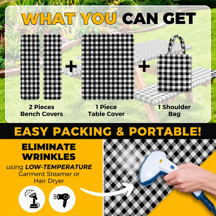 RNOONY Vinyl Fitted Picnic Table Cover with Bench Covers and Bag, 6ft Outdoor Waterproof Windproof Tablecloth with Elastic Edges. Camping RV Gear Campers Must Have 72x30 Inches 4 Pcs Set (Black)