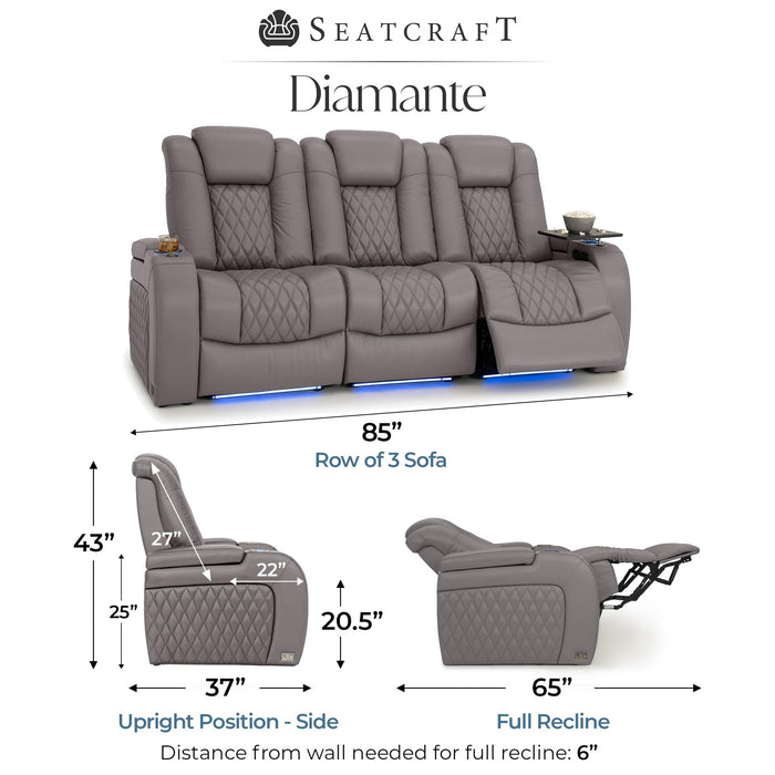 Seatcraft Diamante Zero-Gravity CoolZero Italian Leather Home Theater Seating, Power Headrest, Power Recline, Row of 3 Sofa, Gray
