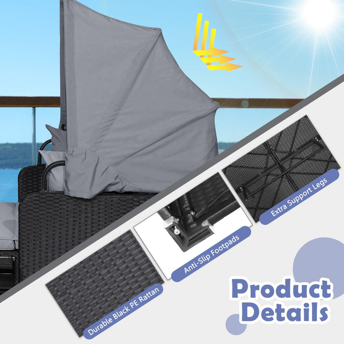 Tangkula Patio Rattan Daybed with Retractable Canopy, Outdoor Wicker Sunbed Lounger with 2 Foldable Side Tables, Thick Seat & Back Cushions, Outside Double Daybed for Garden, Backyard, Porch (Grey)